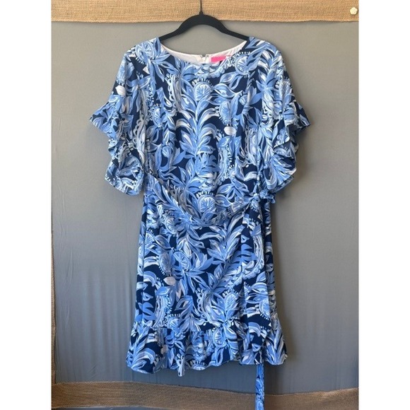 Lilly Pulitzer Dresses & Skirts - Lilly Pulitzer Cascade Ruffle Sleeve Dress 14 Navy Blue Tropical Botanical Print